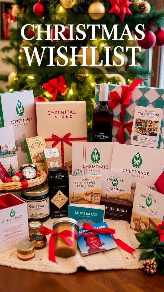 A festive display of Rhode Island-themed Christmas gifts including jewelry, food products, and event tickets.